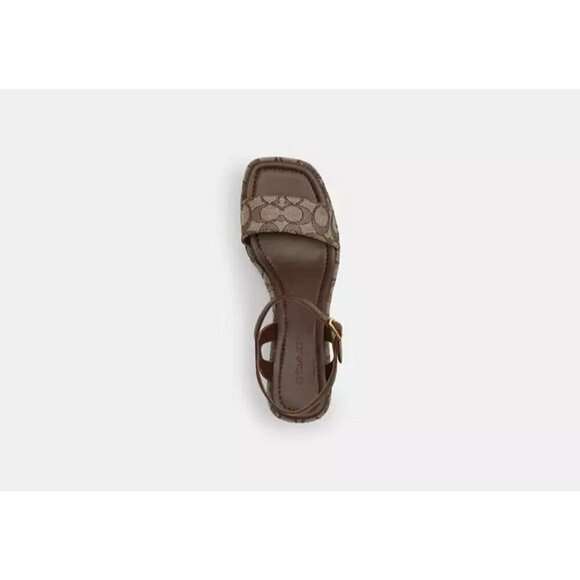 Coach Gale Women’s Wedge Sandals Size 10 Brown Signature Logo Ankle Strap - Picture 2 of 5
